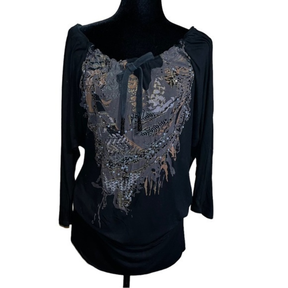 Miss Me-Black/Brown/Gray Beaded Off-Shoulder Long Sleeve Mini Dress Size M